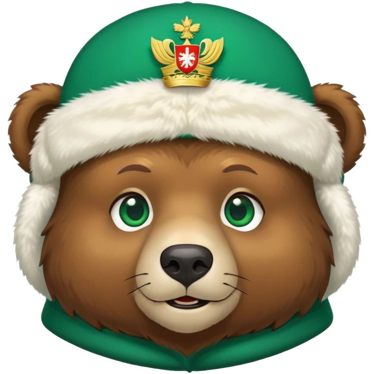 Friendly brown bear face with emerald green eyes, white furry ushanka winter hat with prominent Russian Federation coat of arms, iOS emoji style emoji