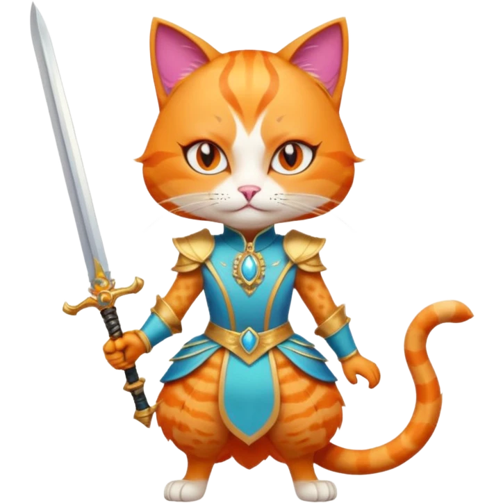 orange cat in glamorous drag holding a sword with vibrant makeup stylish outfit confident pose emoji