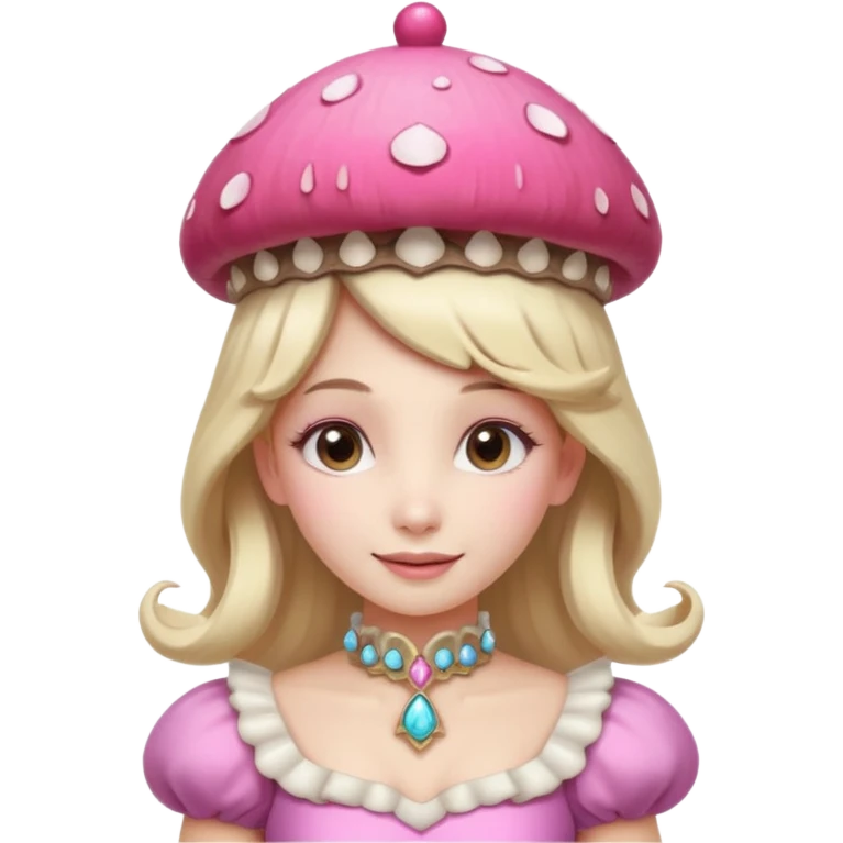 mushroom princess portrait, head and shoulders only, pink mushroom crown, elegant fantasy dress collar, warm smile, 3D cartoon, mobile game icon style, clean background, no text, no watermark
 
 emoji