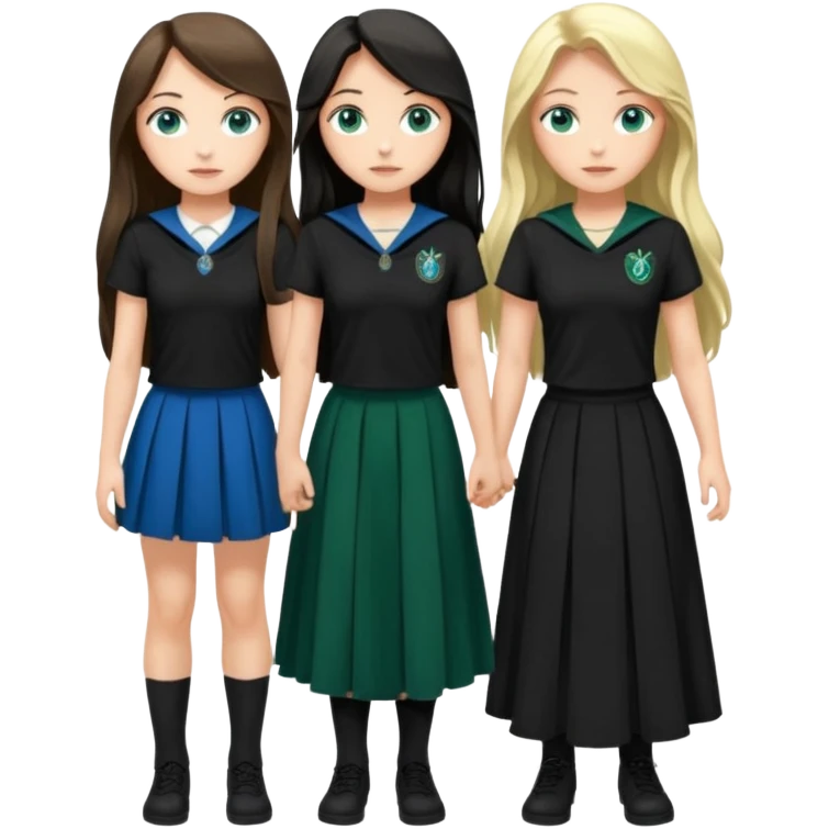 a pretty ravenclaw girl with long dark brown hair and blue eyes standing with a hot Slytherin girl with long blonde hair, blue eyes and big boobs  emoji