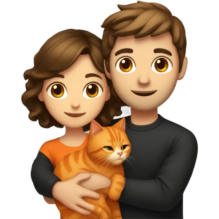 a light brunette woman with medium-long brown hair and a brunette man with short black hair hugging an orange cat emoji