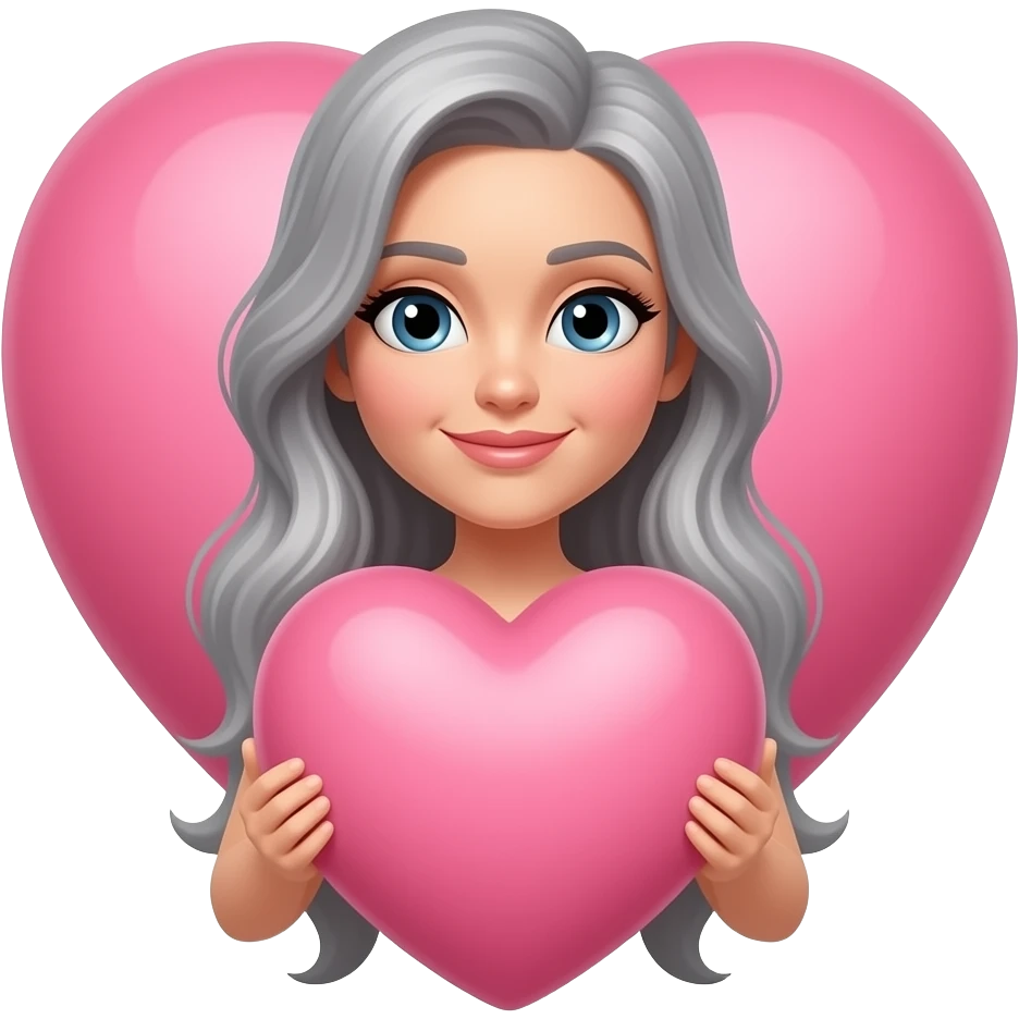 grey long hair on the side -lady -holding a huge pink heart emoji