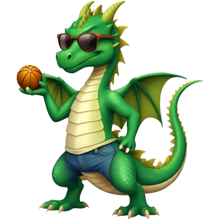 friendly anthropomorphised green dragon in a sports t-shirt and jeans wearing dark sunglasses emoji
