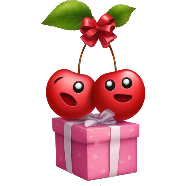 An emoji of two cherries hanging from a gift bow, with a delicate ribbon tying them together emoji