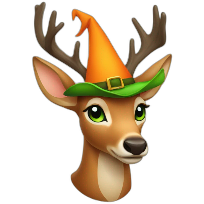 deer in a orange witch hat with green eyes emoji