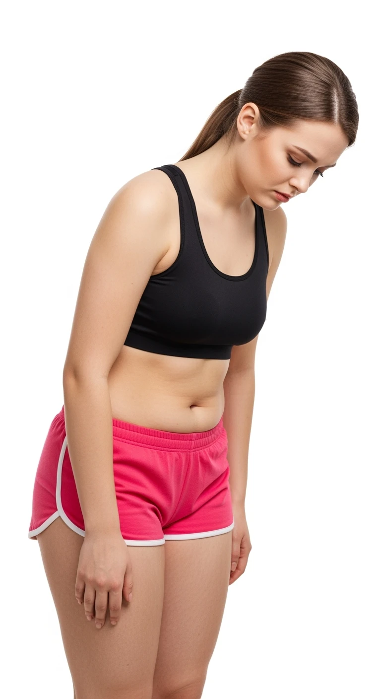 donna giovane con cellulite buchi di cellulite e ritenzione in gym short leggermente piegata in avanti, con espressione dispiaciuta in volto isolata su sfondo bianco emoji