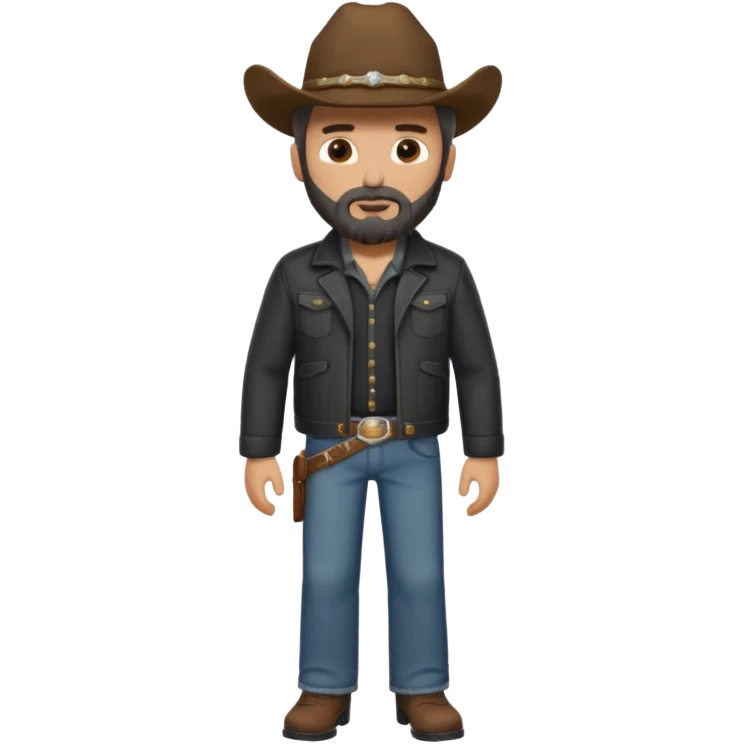 Cowboy pardo, com barba, olhos castanhos, camisa cinza e jaqueta preta de corpo inteiro  emoji