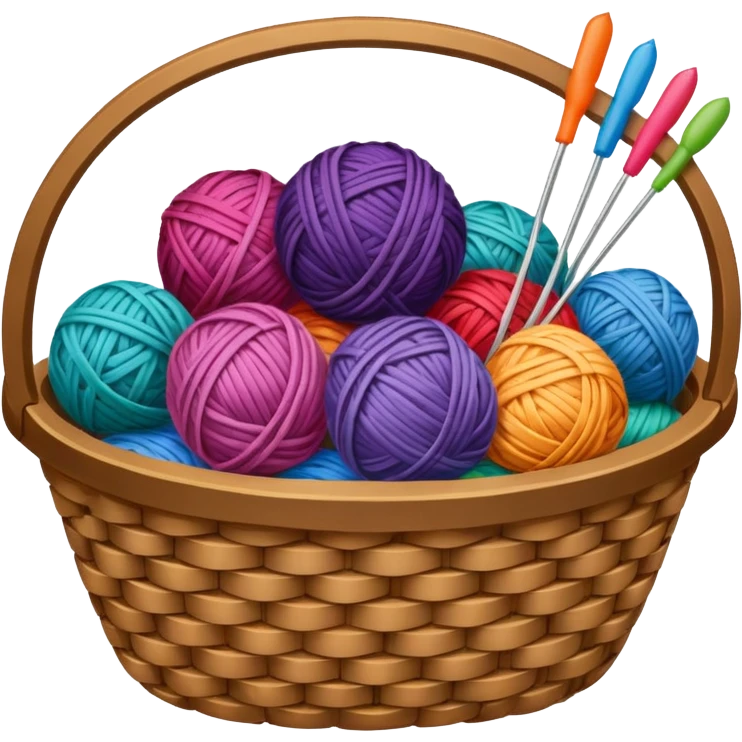 A woven basket filled with colorful yarn balls and knitting needles. emoji