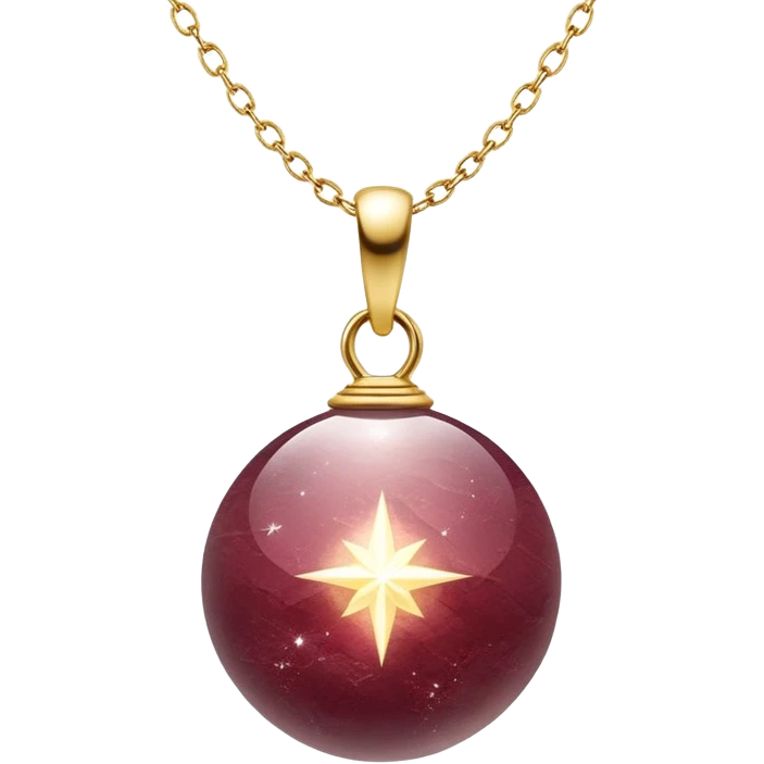 A polished round ball wine granite pendant suspended from a delicate gold chain, like a drop of enchanted starlight, glowing with the warmth of passion and the quiet power of transformation ethereal floating magical moving emoji