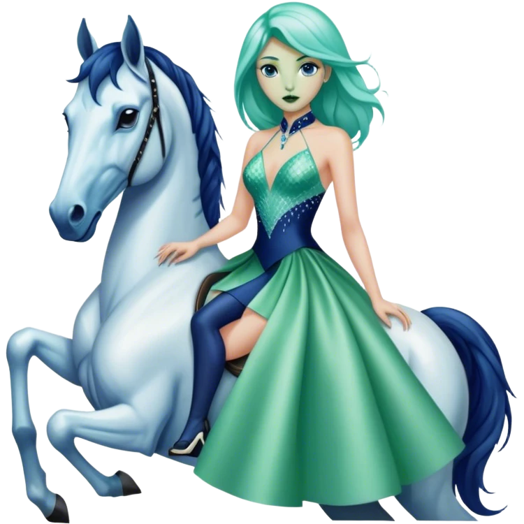 alien reptilian green skin woman, in short slim pastel blue formal party satin dress with gradient shiny sparkling navy blue diamonds embroidered , ride a White horse emoji