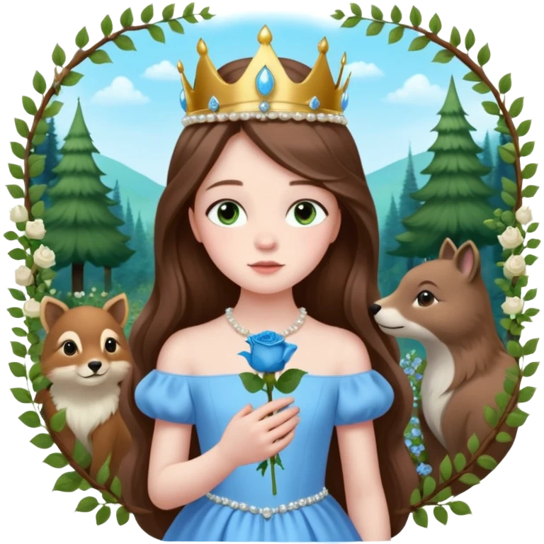 a 12 year old girl with shinny long brown hair and pretty green eyes with pale skin wearing a sky blue gown in a beautiful forest with adorable animals and stunning roses and lilacs surrounding her as she smells the only sky blue rose she is also wearing a crown that has pearls emoji