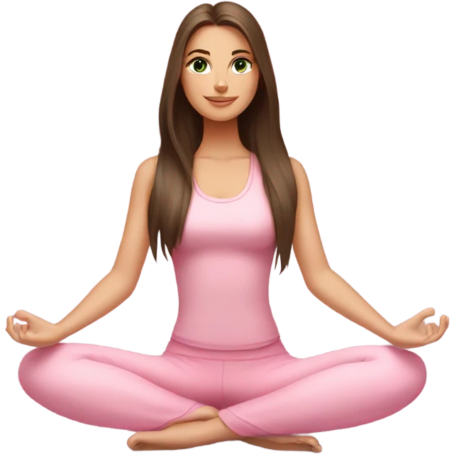 Brunette long hair and green eyes yoga beautiful girl in light pink pink pink clothes sitting on a yoga mat emoji