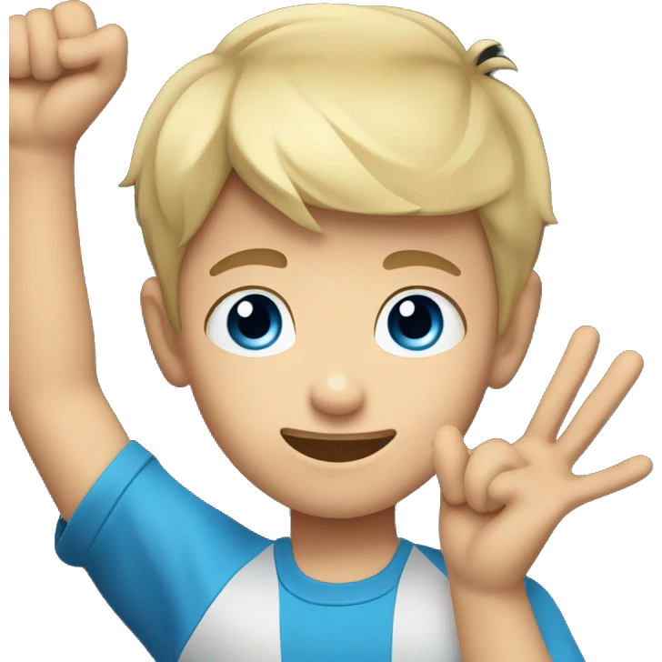 Young Caucasian boy with short black hair and blue eyes raising his hand against a black background emoji