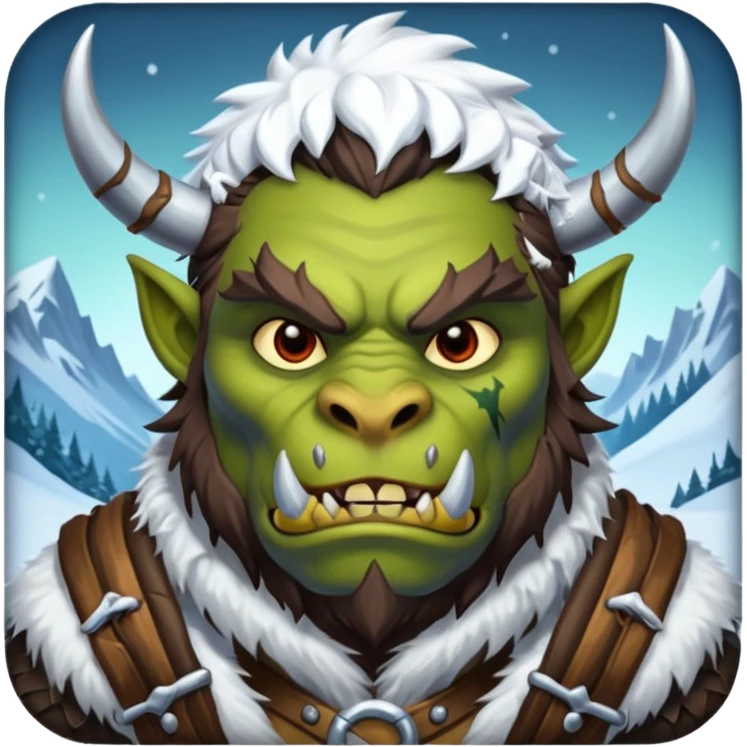 Fantasy Christmas orc beast tamer icon, winter wildlands theme, animal fur details, primal strong face, snowy wilderness atmosphere, stylized emoji portrait, male/female variant
 emoji