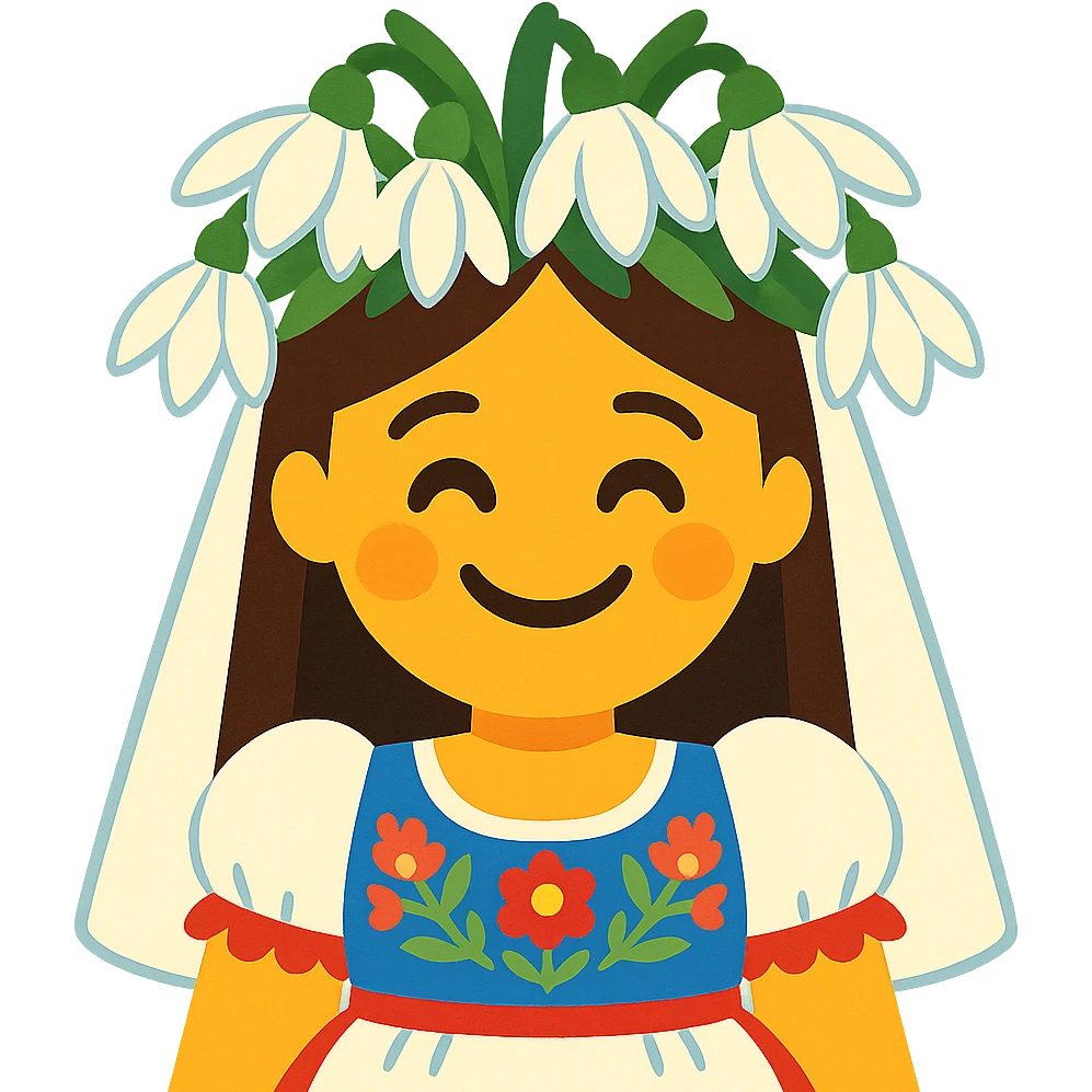 a smiling bride emoji in a modern Slovak folk wedding dress with a large snowdrop flower crown emoji