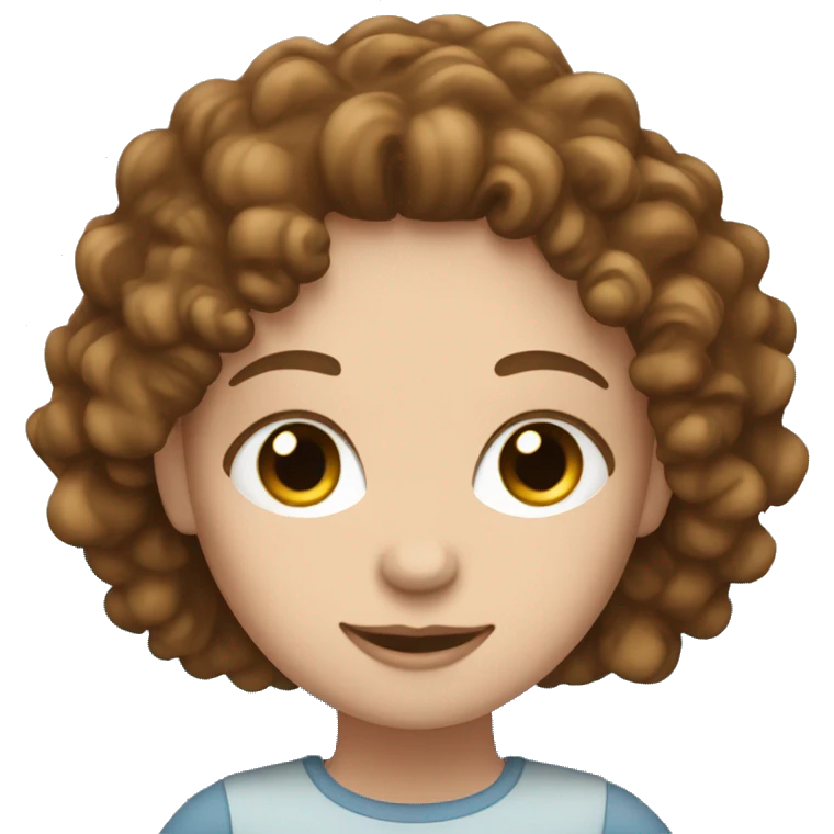 A white girl with brown curly hair and blue eyes is working on a laptop emoji