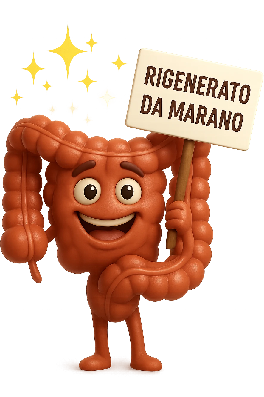 fammi un intestino identico a questo, ma felice e con le scintille di splendore dorate sopra, si sta rinnovando come se fosse in ottima salute, in mano ha un cartello con la scritta "RIGENERATO DA MARANO" emoji