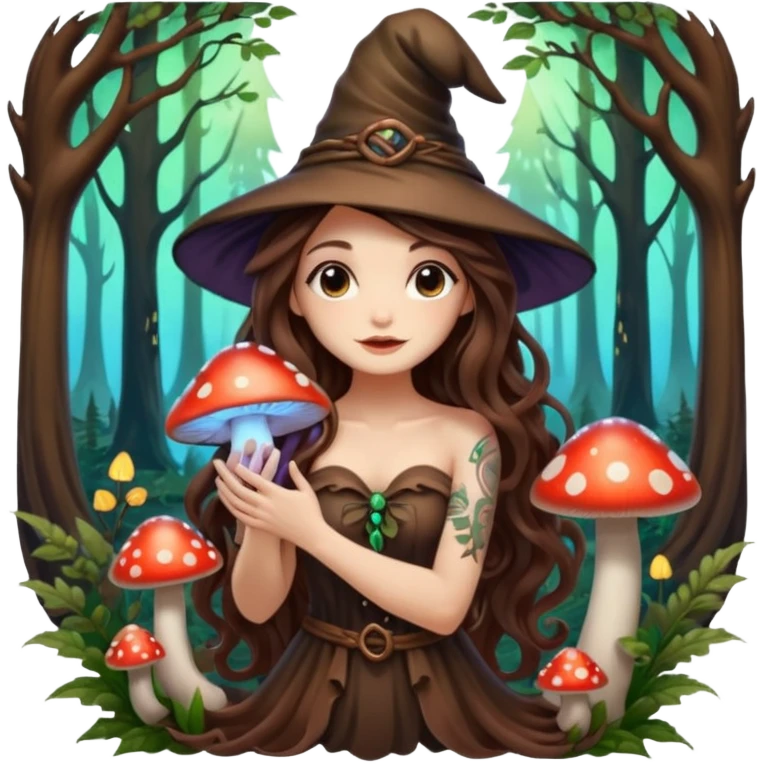 cute forest witch woman long wavy brown hair tattoos hugging glowing mushroom emoji
