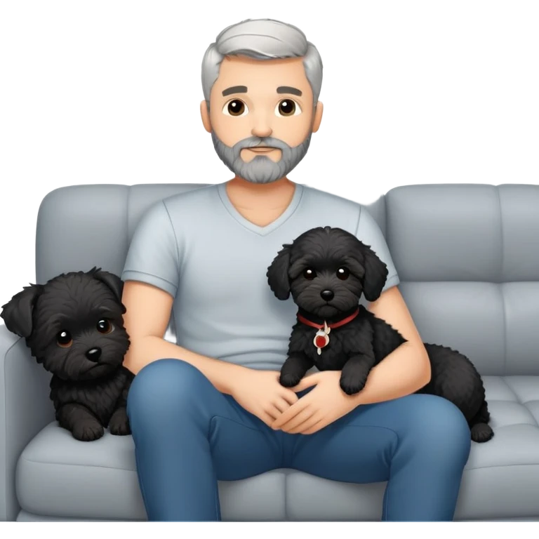 34 year old man with short straight grey hair and beard hanging out with his black cavapoo puppy with a white chest on the sofa emoji