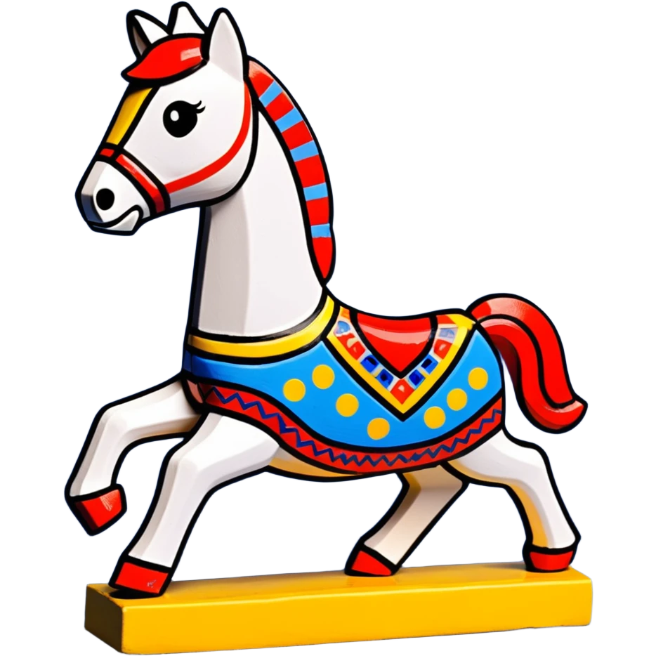 Dymkovo toy horse, traditional Russian clay figurine with colorful geometric patterns, white base with red, blue and yellow decorations emoji