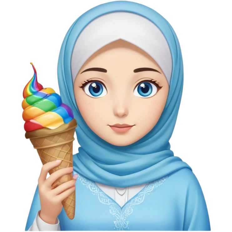 Turkish beautiful finish Konya girl blue eyes with ice cream hijab islamic dress and had on her hand rainbow ice cream  emoji
