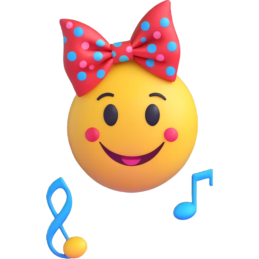 3D smiley emoji, large eyelashes, red polka dot bow, mischievous, side-looking eyes, blue eyes, musical notes emoji