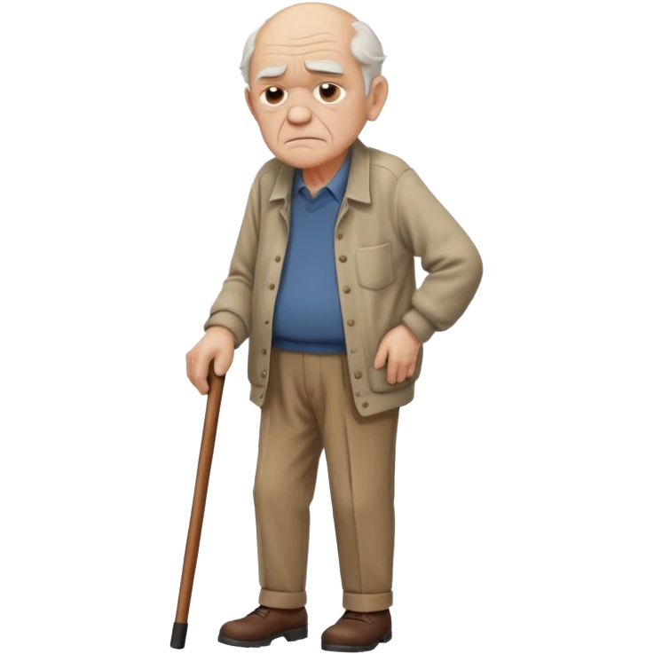 Old man leaning on a walking cane and holding his crancky back with his hand, grumpy face, detailed emoji