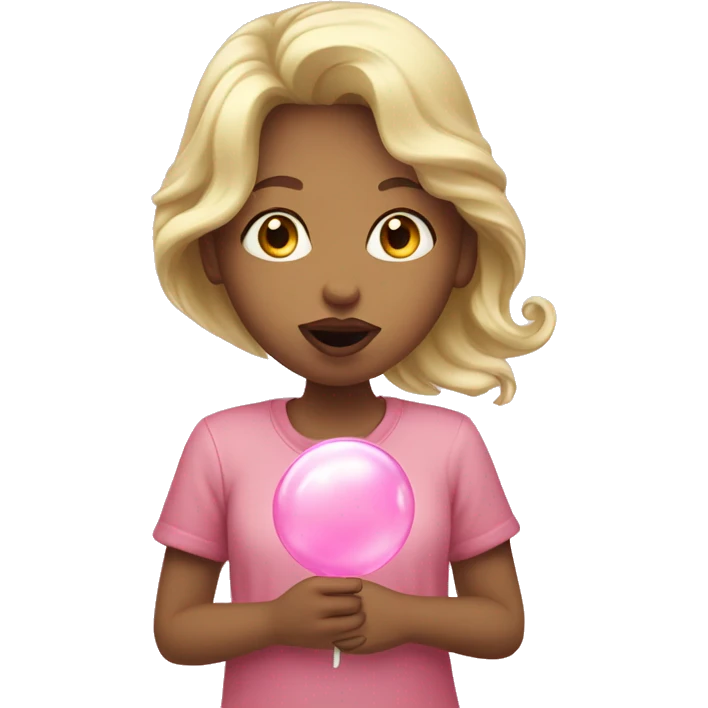 Caucasian girl blowing a light pink bubblegum bubble emoji