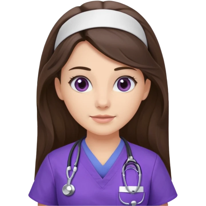 pretty brunette nurse with long hair in purple scrubs emoji