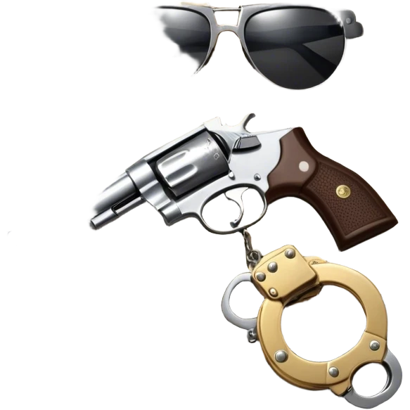 Icon for Action & Crime Reading: an open book, a revolver, handcuffs. Surrounding elements include a dark alley, a police badge, and a pair of sunglasses. The icon should evoke tension, suspense, and action.  Transparent background. emoji