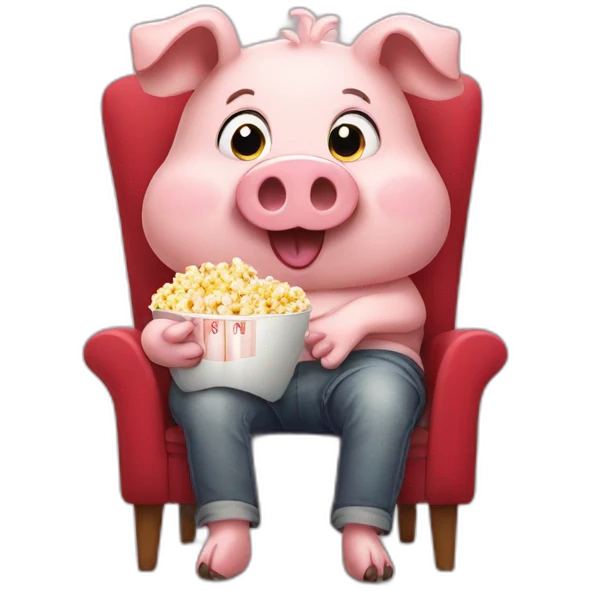 Funny pig sitting on a chair eating popcorn emoji