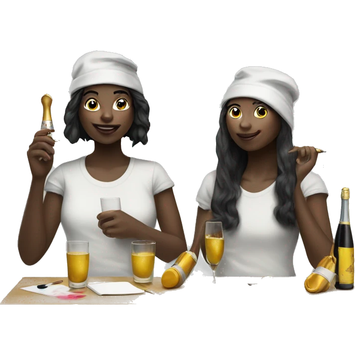 two girls one black and one once, dressed as painters with paint brush and paint all over drinking champagne emoji
