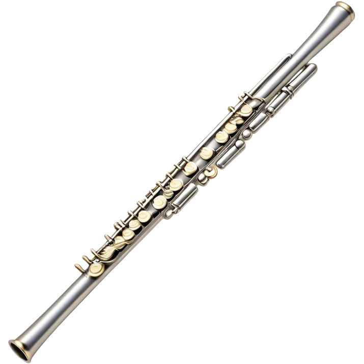 Cinematic Realistic Flute, polished silver metal with precise keywork, warm golden reflections dancing along its surface, soft hands carefully positioned over the keys, glowing with an elegant and airy charm. emoji