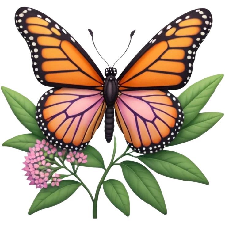 very detailed milkweed plant with a monarch butterfly, intricate cut paper textures, green leaves, pink and purple flower clusters, realistic orange and black butterfly emoji