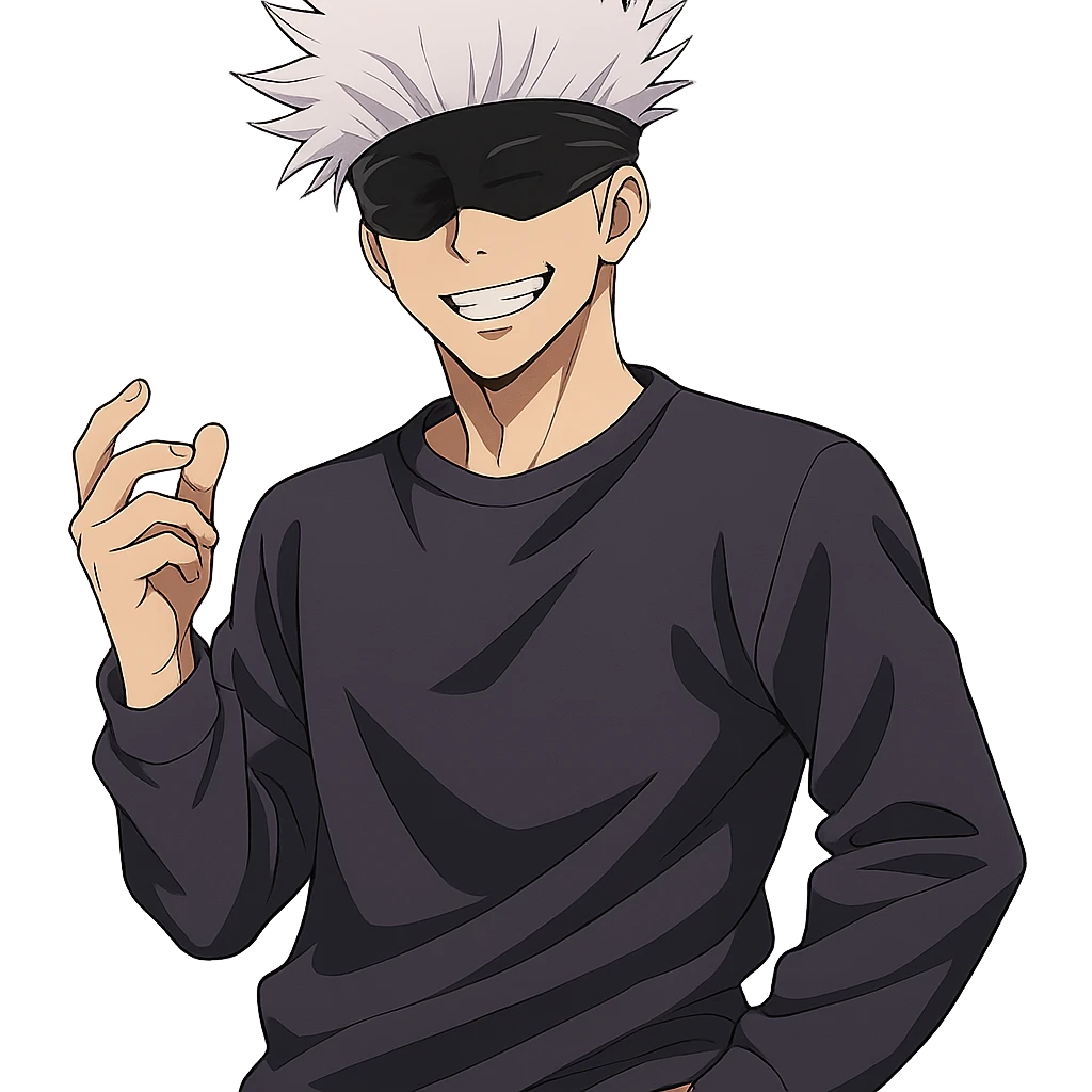 Gojo Satoru, white hair, blindfold, smiling, casual pose, inspired by Jujutsu Kaisen, anime style, no background emoji