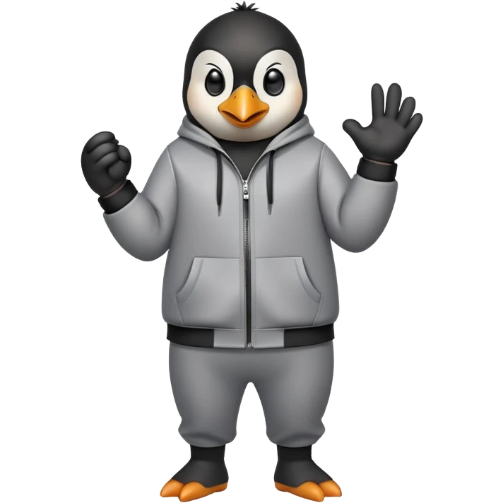 friendly anthropomorphised penguin wearing a mafia-style tracksuit, secretive scheming pose, soprano vibe, angry expression, walking quickly with a tense hurried stride, holding a knuckle duster emoji