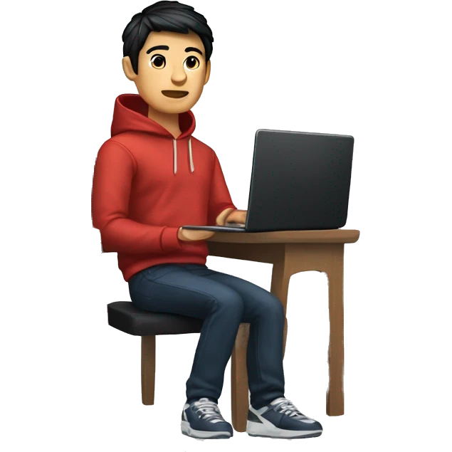 memoji of a man with a laptop in front, apple-style, chinese, navy hoodie, modern,black hair,computer in hand,sitting on a chair emoji