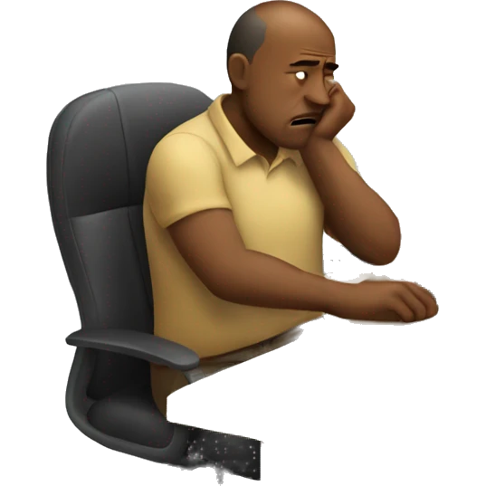 man sitting at a wooden work desk in office chair slumped and looking frustrated emoji