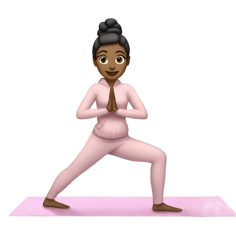 A girl in a yoga downward dog position, wearing light colored lululemon pink, long sleeve active jacket and gray lounge pants. Black hair tied in up in a scrunchie. She has a light pink yoga mat underneath her. She is light skin. A laptop nearby. emoji