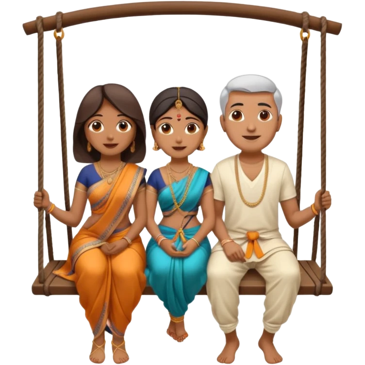 indian man and woman sitting on two seater swing. woman in saree and man in dhoti emoji