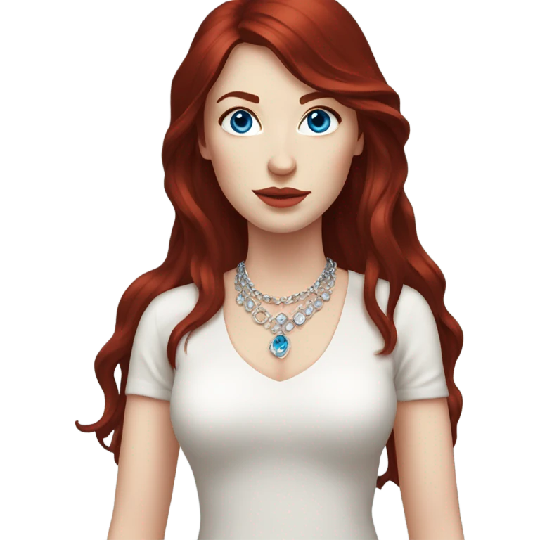 woman with pale skin, blue eyes and long dark red hair with layers and bangs, wearing a white top and silver jewellery emoji