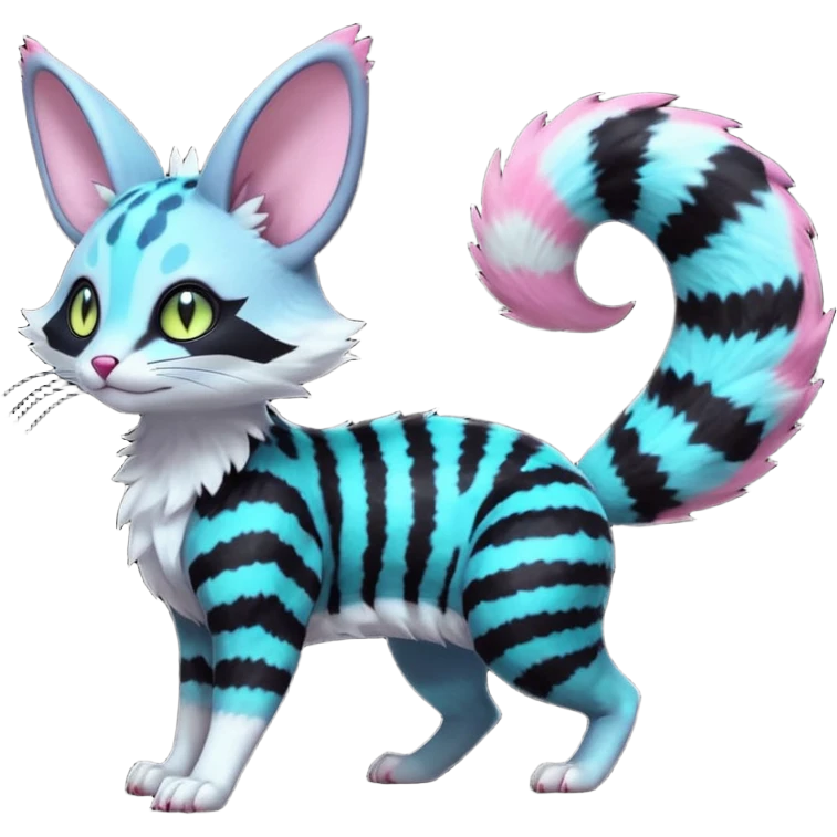 Fantasy abyssal pitch-Black-coated fur with glowing bioluminescent random colorful neon-markings divine beautiful elegant pretty precious cute young youthful  Fakémon-Pokémon-alien-opossum-feline-serval-caracal-chinchilla-Minccino-hybrid-creature with a big fluffy bushy striped tail (full body) emoji