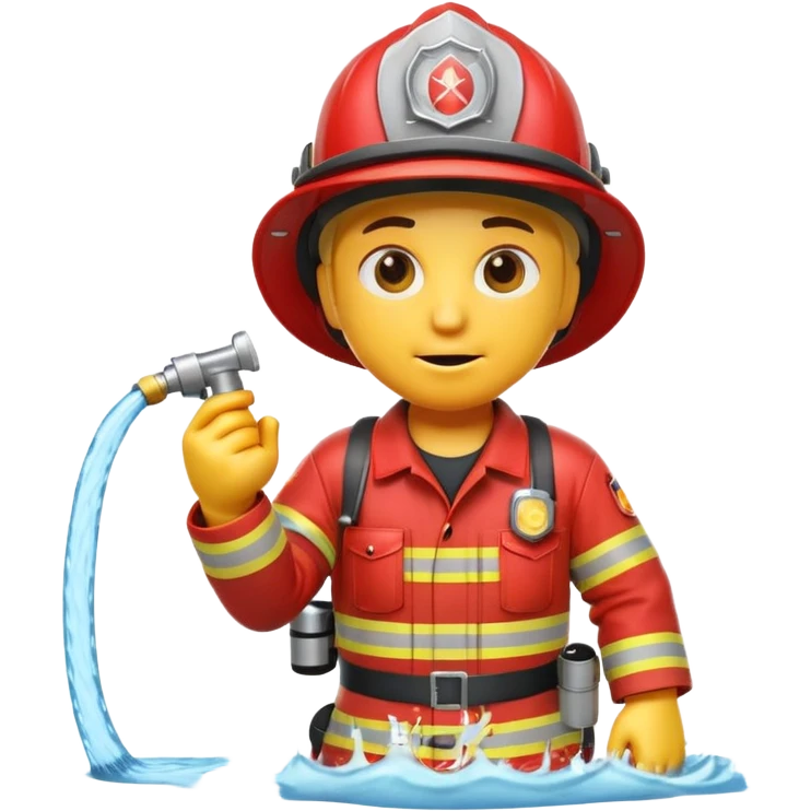 A 3D Apple-style yellow emoji character dressed as a firefighter in a bright red uniform and helmet, holding a fire hose spraying water forward, determined expression with cartoonish eyes, water splashing effect, clean minimal background emoji
