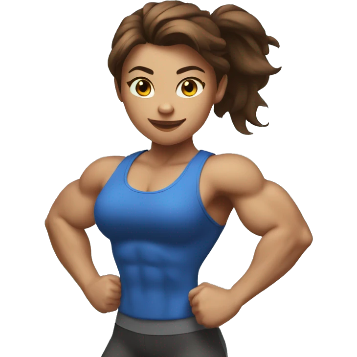 Strong muscle girl brown hair flexing blue emoji