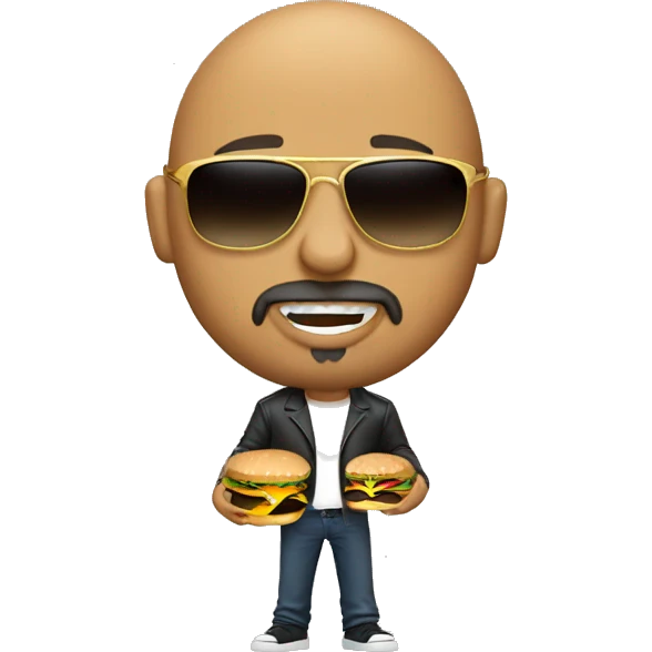 A bald guy with a goatee wearing sunglasses and a gold chain holding a hamburger  emoji