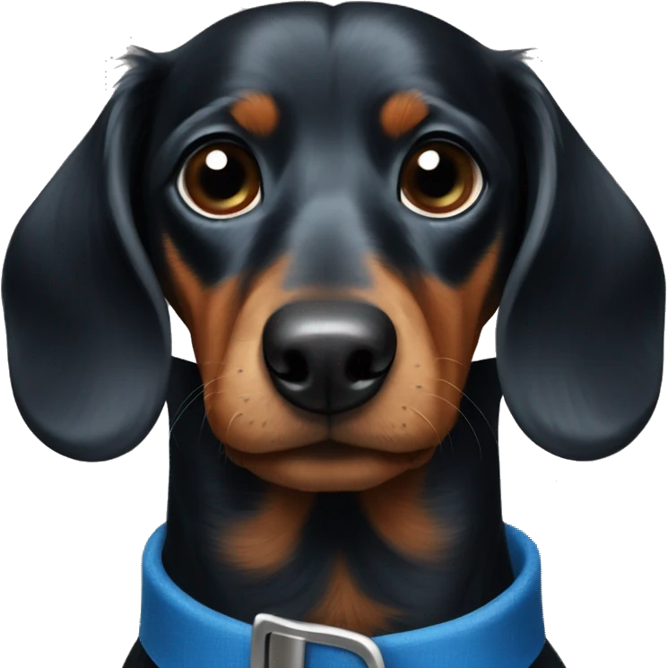 Dark fur Dachshund with long legs in blue collar  emoji