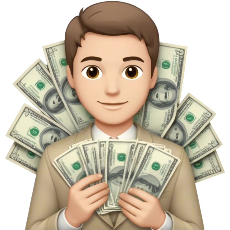 Confident young man with light skin and short brown hair, smirking while holding two thick stacks of cash. Detailed bills, minimalistic yet luxurious background emoji