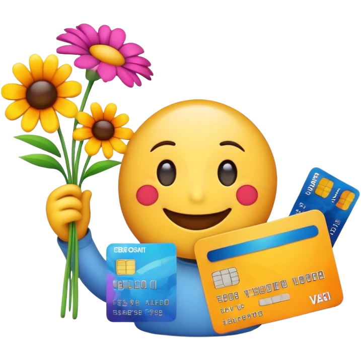Happy emoji with a creditcard and a pile of flower emoji
