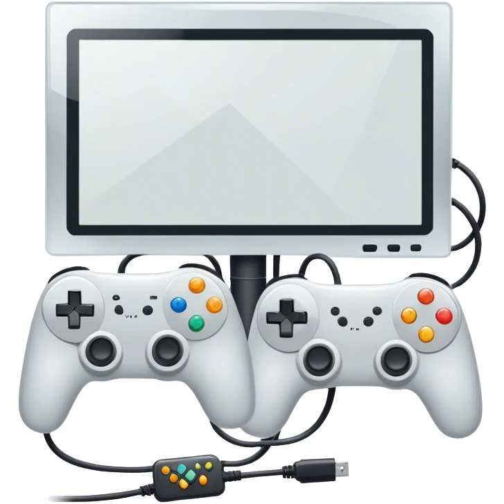 An icon showing two monitors with gaming interfaces, connected by a wire. Each monitor displays a different game screen, with two gamepads placed nearby, symbolizing multiplayer gameplay. transparent background. emoji