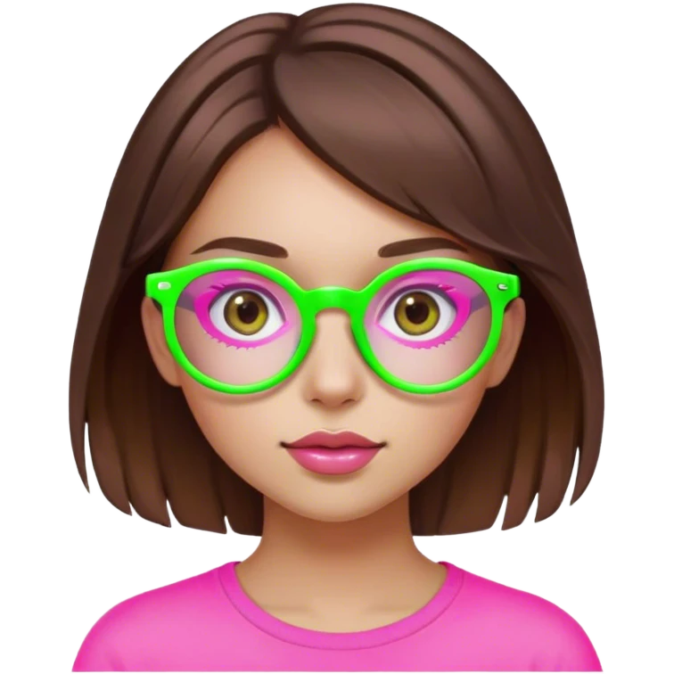 Make a girl with pink round glasses brown eyes and hair with a neon green hair emoji